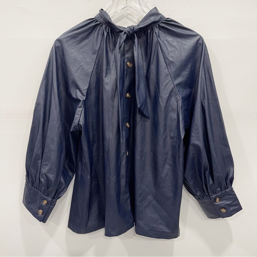 Rachel Comey x Target Navy Blue Faux Leather Blouse Button Back Tie Neck Large - Picture 3 of 13